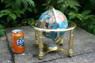 Blue Semi - Precious Stone World Globe On Brass Stand With Compass 2