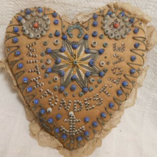 Large Antique Victorian Heart Pin Cushion,  Bead Decorated,  Anchor 7 " Tall