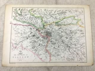 Antique Map Of Glasgow City Scotland 19th Century Old Hand Coloured