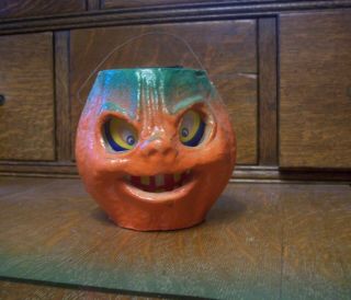 Antique Vtg Papier/paper Mache Halloween Pumpkin Jack - O - Lantern With Insert 2
