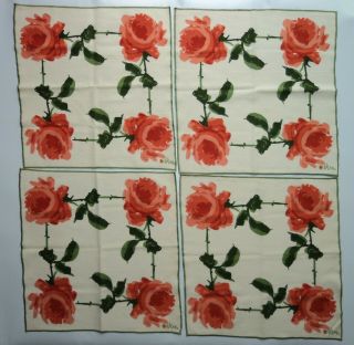 Set Of 4 Vintage Vera Neumann Roses Cloth Napkins Floral Coral Peach Flowers 16 "