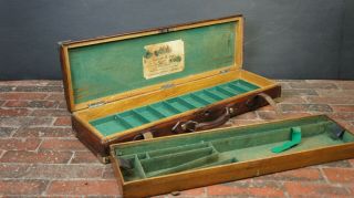 Antique Oak Framed English Leather Gun Case With Cartridge Section