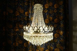 Antique Vintage French Basket Crystal Chandelier Brass Ceiling Lamp 17  1950 