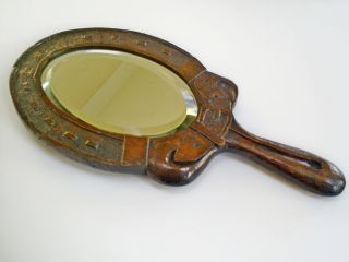 Lovely Antique Solid Hand Carved Oak/treen Horseshoe/bridle Strap Hand Mirror