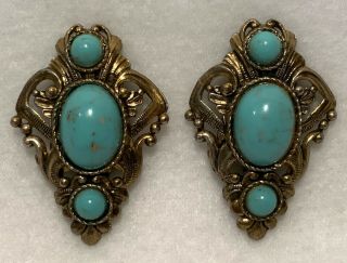 Pair Vintage C.  1940s Goldplated & Turquoise Lucite Hinged Dress Or Fur Clips