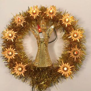 Vintage Gold Tinsel Angel Christmas Tree Topper Orange Lights 8 " Holiday Lights