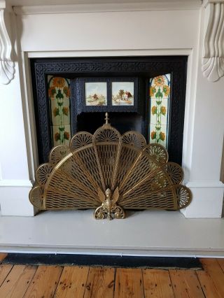 Antique Folding Brass Art Deco Peacock Fan Fire Screen / Guard