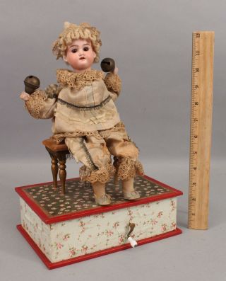 Antique German Bisque Head Doll Automaton,  Music Box Yankee Doodle Dandy