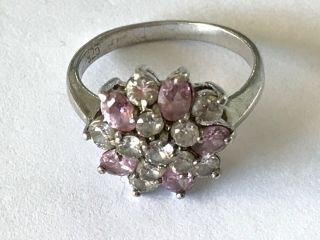 Vintage Silver Pink Quartz Cubic Zirconia Dress Ring.  Size N