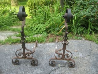 Antique Hand Wrought Iron Andirons 27 " Tall Fireplace Vintage Fire Dogs Heavy