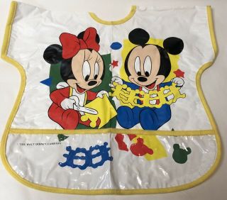 Vintage Disney Baby Mickey & Minnie Mouse Vinyl Baby Bib Plastic Pocket Tie Back