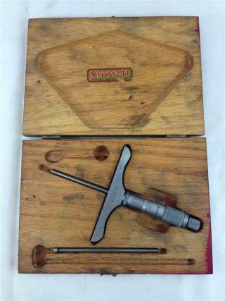 Vintage Starrett No.  445 Depth Micrometer Gauge With Wooden Case