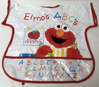 Vintage Elmo With Crayons Vinyl Baby Bib Plastic Crumb Pocket Tie Back