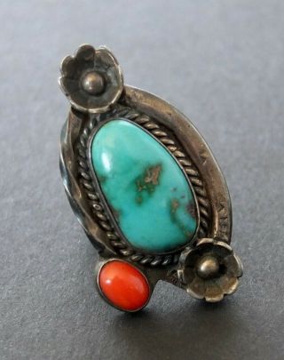 Vintage Handmade Southwestern Sterling Silver Turquoise And Coral Ring Size 7