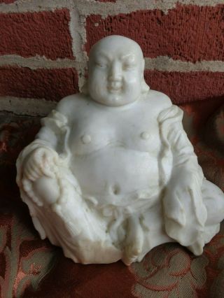 Antique Hand Carved White Marble Figural Buddha Statue Figurine Old Estate