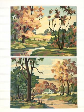Set Of 2 Vintage Mid Century Paint By Number Landscape Painting Unframed Art