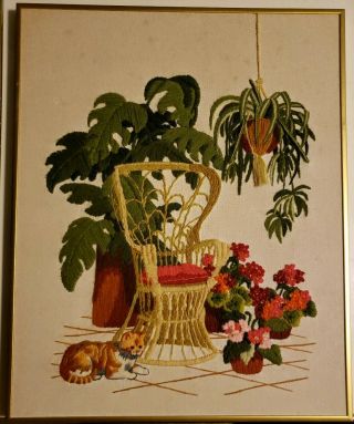 Vintage Framed Embroidery Handmade Crewel Cat Plants Rocking Chair Stamped 1982