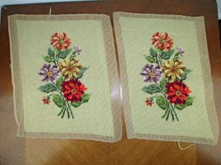 Pair (2) Of Vtg Completed Hand - Stitched Flower Design Needlepoint For Framing