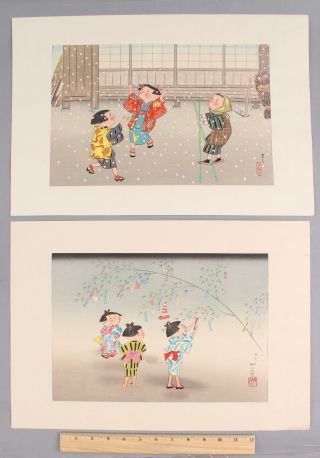 2 Vintage Hitoshi Kiyohara Japanese Woodblock Prints Childrenwish Tree & Snow