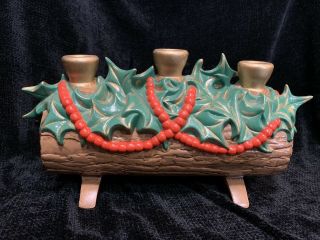 Vintage Atlantic Mold Ceramic Christmas Yule Log Candle Holder,  3 Candles