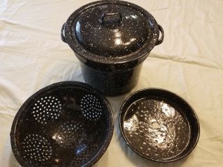 Vintage Black White Speckled Enamel Steamer Pot Lid 4 Pc Set 9.  5 " Diam X 7.  75 "