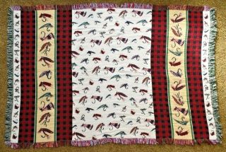 Vintage Hand Woven Throw Blanket Fly Fishing Tapestry Green Made In Usa Blanket