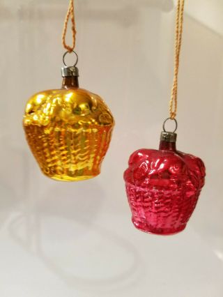 2 Vintage Christmas Tree Ornaments Fruit Flower Basket Glass Red Gold