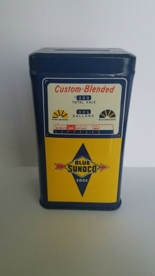 Vintage Blue Sunoco Gasolene Gas Pump Shaped Penny Piggy Bank Motor Oil Tin Can