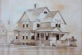 C1890 Architectural Rendering,  Watercolor & Pencil House,  Bad Axe Mi Signed Ch