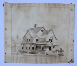 c1890 ARCHITECTURAL RENDERING,  WATERCOLOR & PENCIL HOUSE,  BAD AXE MI signed CH 2