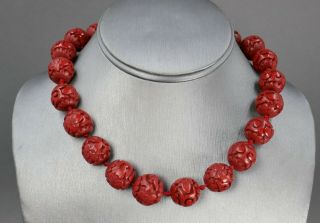 Fine Antique Chinese Carved Red Cinnabar Lacquer 16mm Bead Necklace