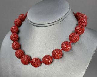Fine Antique Chinese Carved Red Cinnabar Lacquer 16mm Bead Necklace 2