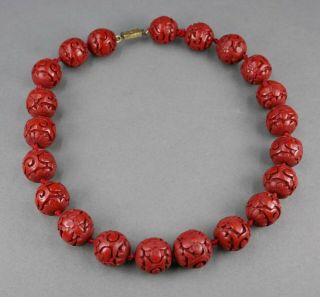 Fine Antique Chinese Carved Red Cinnabar Lacquer 16mm Bead Necklace 3