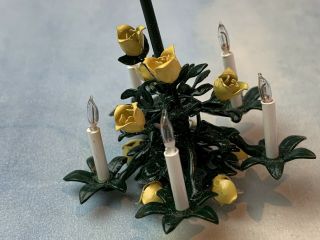 Vintage Miniature Dollhouse Artisan Metal Sculpted Yellow Rose Chandelier Wired