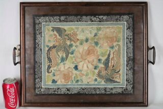 Fabulous Antique Chinese Traditional Silk Embroidery Framed In A Hardwood Tray