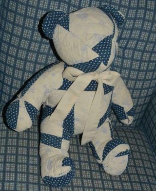 Vintage Handmade Quilted Teddy Bear Blue & White 18 " Primitive Americana