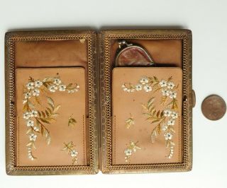 Antique Victorian Embroidered Leather Calling Card Case Ladys Etui Purse Vintage