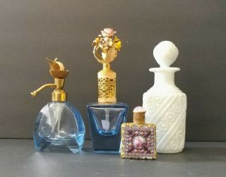 Stunning 4 Vintage Art Glass Ornate Perfume Bottles Irice Enamel Flower Top