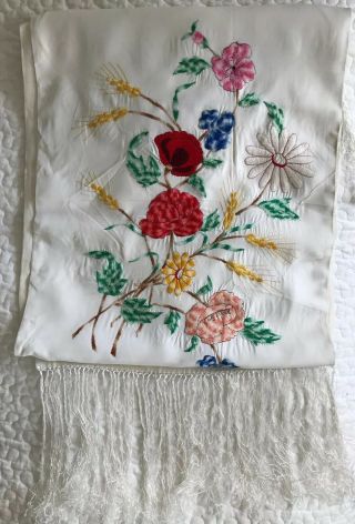 Antique White Silk Colourfu Floral Embroidered Tasseled Shawl Stole Scarf 61x16”