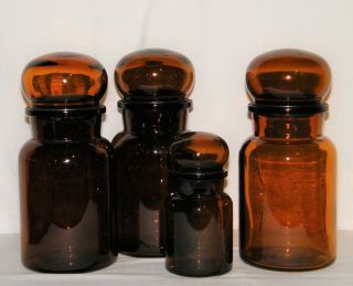 Vtg Set (4) Amber Brown Glass Apothecary Jars " Made In Belgium " 3 Large/1 Small
