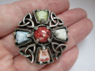 Vintage Scottish Celtic Knot Glass Cross Silver Tone Plaid Brooch Kilt Pin