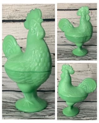Vintage Green Glass Covered Rooster Chicken Candy Dish Bowl Tall Standing Jadite