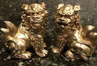 7 1/3” Gold Chinese Palace Guardians Foo Dogs Lion Protectors Statues