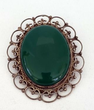 Vintage 925 Sterling Silver Oval Green Stone Cabachon Brooch/pendant