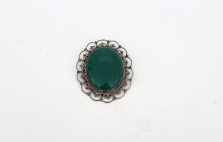 Vintage 925 Sterling Silver Oval Green Stone Cabachon Brooch/Pendant 2