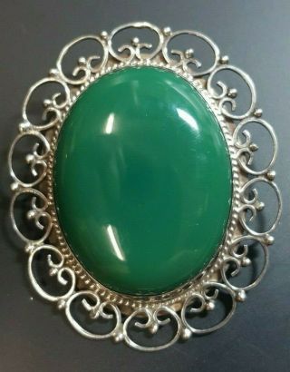 Vintage 925 Sterling Silver Oval Green Stone Cabachon Brooch/Pendant 3
