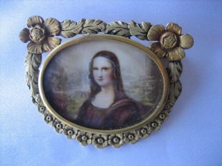 Rare Antique Victorian Hand Painted Mona Lisa With Trombone Clasp