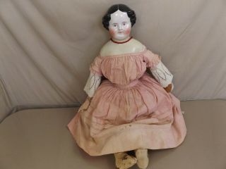 Large Vintage 25 " Covered Wagon China Head Doll Cloth Body