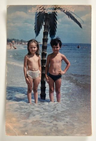 Vintage Real Photo Little Girl And Boy In Panties Are Standing In The Sea 1991