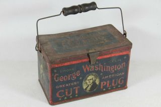Vintage George Washington Cut Plug Tobacco Chew Wood Handle Lunchbox Tin Pail